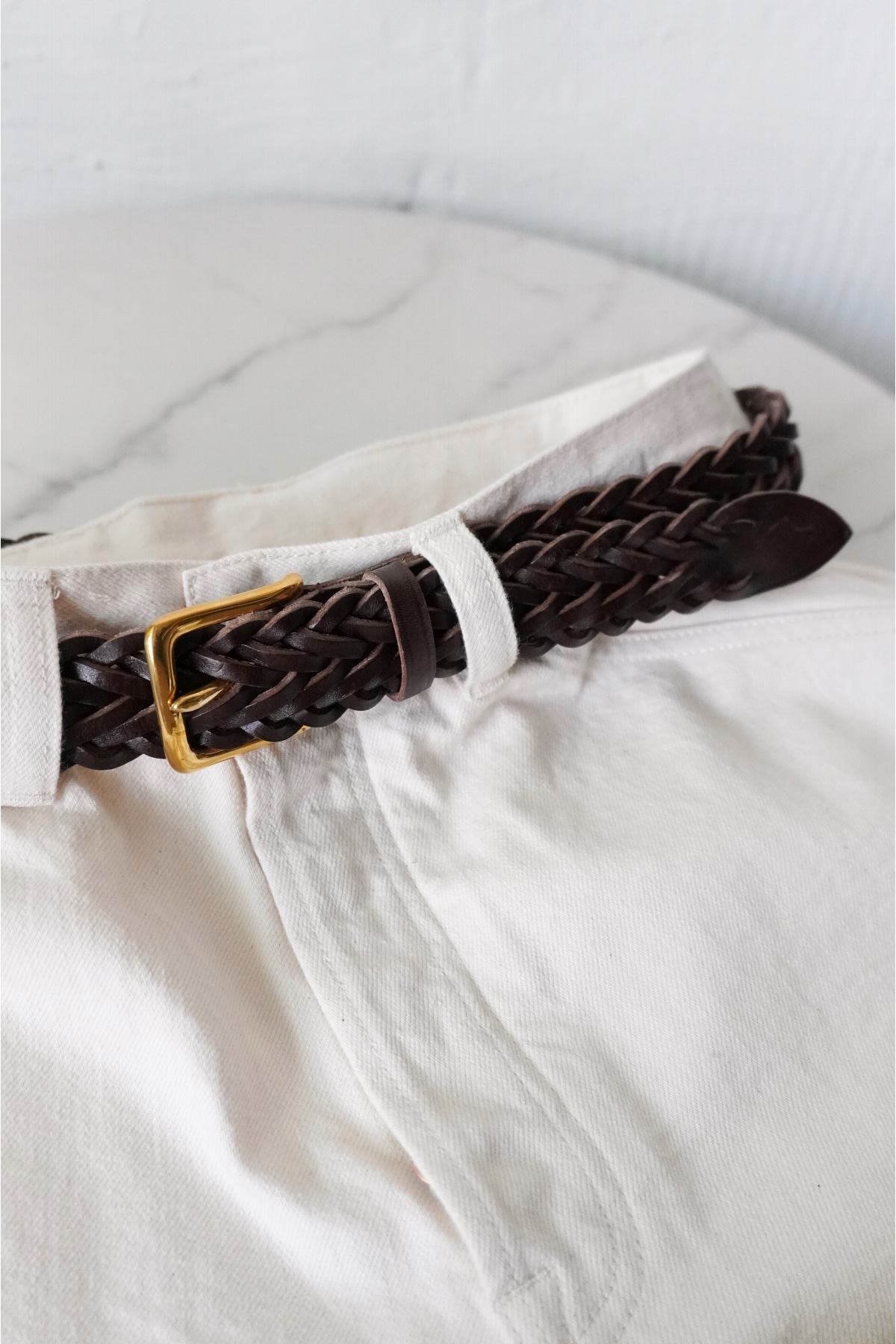[DRAKE&#039;S] Plaited Bridle Leather Belt with Brass Buckle - Brown